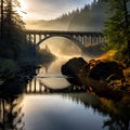 moody bridge over water in the forest creates an enchanting atmosphere where nature\'s beauty shines.