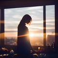 Moody cinematic image of sad alone female person standing by the apartment bedroom window in sunset, generative ai