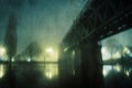 A moody concept of a railway bridge going over a flooded river with street lights on a foggy winters night in a city. With a Royalty Free Stock Photo