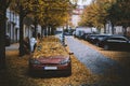 Moody day in the city. Orange, yellow leaves on the cars during a autumn period. Prague city in a Europe. Fall background with veh