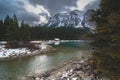 A moody day over Lake Louise in Banff over the famous boat house Royalty Free Stock Photo