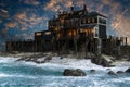 Moody dramatic sunset view of an old pirate village by the sea with wooden buildings and shipping docks. 3D rendering