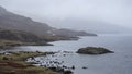 Moody dramatic Winter foggy landscape image of Wast Water in English Lake District with thick fog blocking view of mountains in Royalty Free Stock Photo