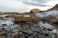 Moody evening close-up shot of an alpine pond with grass details and a white rock near the summit of Mount Kosciuszko Royalty Free Stock Photo