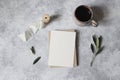 Moody feminine wedding stationery mock-up scene. Blank greeting card, cup of coffee and green olive leaves, branches