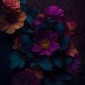 Moody floral concept - flower on dark textured background. Top view, square composition. Colorful flowers on teal painted dark Royalty Free Stock Photo