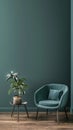 Moody green walls provide a striking backdrop for a sleek, modern living space featuring a plush teal chair and a
