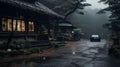 Moody Japanese-style Landscape: Car Parked On Path In A Cabincore Village