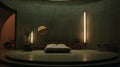 Moody Lighting And Atmospheric Scenes: A Cinematic Concrete Bedroom With A Round Bed