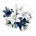 Moody Lily Arrangement: Watercolor Clipart With Midnight Blue Hues