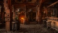 Moody medieval tavern inn bar interior lit by daylight through a window with shield decorations and burning fire in the background Royalty Free Stock Photo