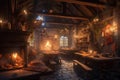 Moody medieval tavern inn interior with food and drink on wooden tables, burning open fireplace, candles Royalty Free Stock Photo