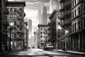 Moody monochrome view of cityscape, urban city, historical and classic, black and white Royalty Free Stock Photo