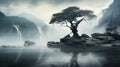 Moody Monotone: Serene Waterfall With Lone Tree In Calm Lake Royalty Free Stock Photo