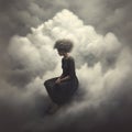 Moody Monotones: A Captivating Painting Of A Woman Sitting On Cloud Top