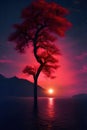 Moody night landscape, trees with red leaves against the backdrop of a giant moon, a fantastic background. Generative Ai