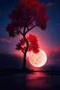Moody night landscape, trees with red leaves against the backdrop of a giant moon. Generative Ai
