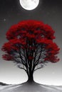 Moody night landscape, trees with red leaves against the backdrop of a giant moon. Generative Ai