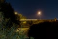 A moody night scene of street lights reflected in a river. With a bridge in the background