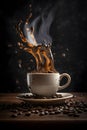 Moody Photo of Coffee Beans and a Cup with Freshly Brewed Coffee on a Dark Background