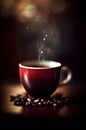 Moody Photo of Coffee Beans and a Cup with Freshly Brewed Coffee on a Dark Background