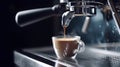 Moody Photo of Coffee Beans and a Cup with Freshly Brewed Coffee on a Dark Background