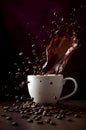 Moody Photo of Coffee Beans and a Cup with Freshly Brewed Coffee on a Dark Background Royalty Free Stock Photo