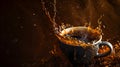 Moody Photo of Coffee Beans and a Cup with Freshly Brewed Coffee on a Dark Background Royalty Free Stock Photo