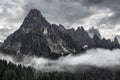 Moody picture of Cadin di Misurina mountains, covered in clouds in bad weather. Cortina d`Ampezzo, Italy Royalty Free Stock Photo