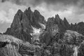 Moody picture of Cadin di Misurina mountains, covered in clouds in bad weather. Cortina d`Ampezzo, Italy Royalty Free Stock Photo