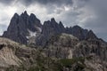 Moody picture of Cadin di Misurina mountains, covered in clouds in bad weather. Cortina d`Ampezzo, Italy Royalty Free Stock Photo