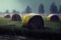 Moody Rainy Day in a Stubble Field with Haystacks, Strong Reflections, Made with Generative AI Royalty Free Stock Photo