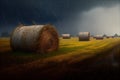 Moody Rainy Day in a Stubble Field with Haystacks, Strong Reflections, Made with Generative AI Royalty Free Stock Photo