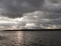 moody sky clouds autumn winter grey dark bay ocean river estuary Royalty Free Stock Photo