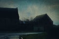 A moody, spooky concept of farm buildings silhouetted on a winters day. With a grunge, texture edit