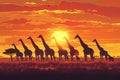 moody sunset in african savanna with a giraffe herd, concept for safari tourism and travel africa Generative AI