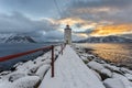 Moody sunset at Hogsteinen lighthouse. Royalty Free Stock Photo