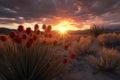 moody sunset over flowering desert plants