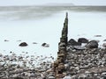 Moody sunset Over Sea Beach. Foamy water level donne by big waves strike into old breakwater poles in the Baltic sea