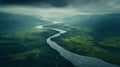 Moody Tonalism: Aerial View Of A Beautiful Valley With A Lush Green River