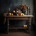 Moody Tonalism Fine Art Photography Of An Old Table With Fruit And Accessories