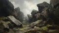 Moody And Tranquil Painting Of A Cliff With Sharp Boulders And Rocks