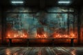 Moody urban loft, Empty room, brick walls, concrete floor, smoke, neon light Royalty Free Stock Photo