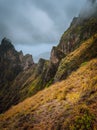 Moody view of Xo-Xo Valley, Santo Antao Island, Cape Verde Cabo Verde. Rugged mountain peak overgrown with verdant grass Royalty Free Stock Photo