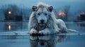 Moody White Lion Reflecting On Water: A Fantasy Kingcore Image