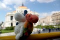 Moomin troll couple travelling around the globe, felted wooden toy