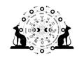 Wheel of the zodiac signs Egyptian black cats and triple moon, pagan Wiccan goddess symbol, sun system, moon phases, isolated