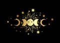 Triple moon, gold pagan Wiccan goddess symbol, sun system, moon phases, orbits of planets, energy circle. Sacred geometry