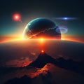 Earth and moon on sunset ,  night alien planet space starry sky flares cosmic fantastic background Royalty Free Stock Photo