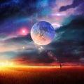 Earth and moon on sunset ,  night alien planet space starry sky flares cosmic fantastic background Royalty Free Stock Photo
